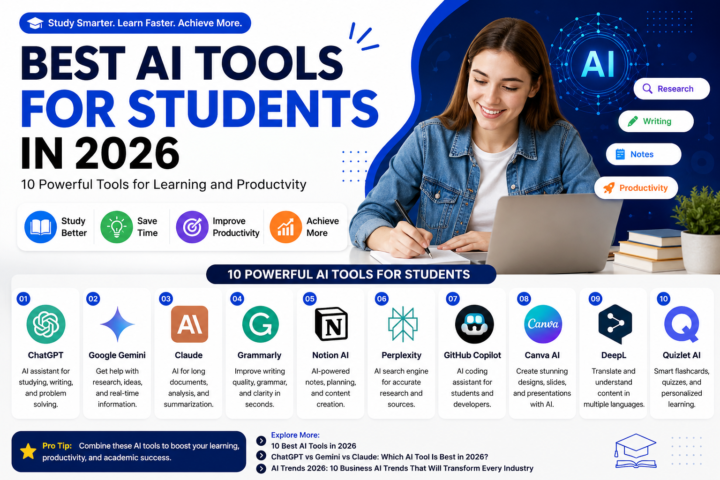 Best AI tools for students in 2026 for studying, writing, research, coding, and productivity.