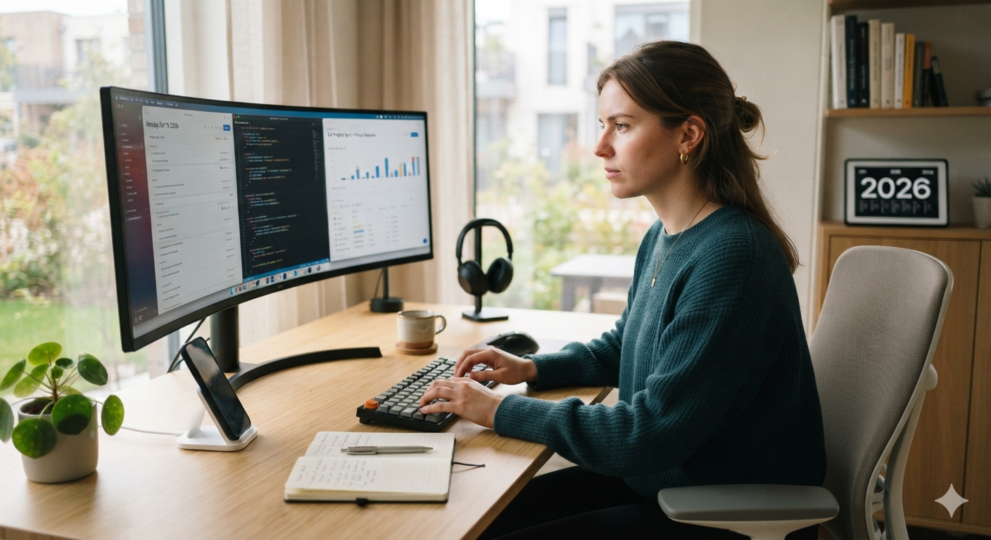 Person staying focused while working from home at a clean desk in 2026
