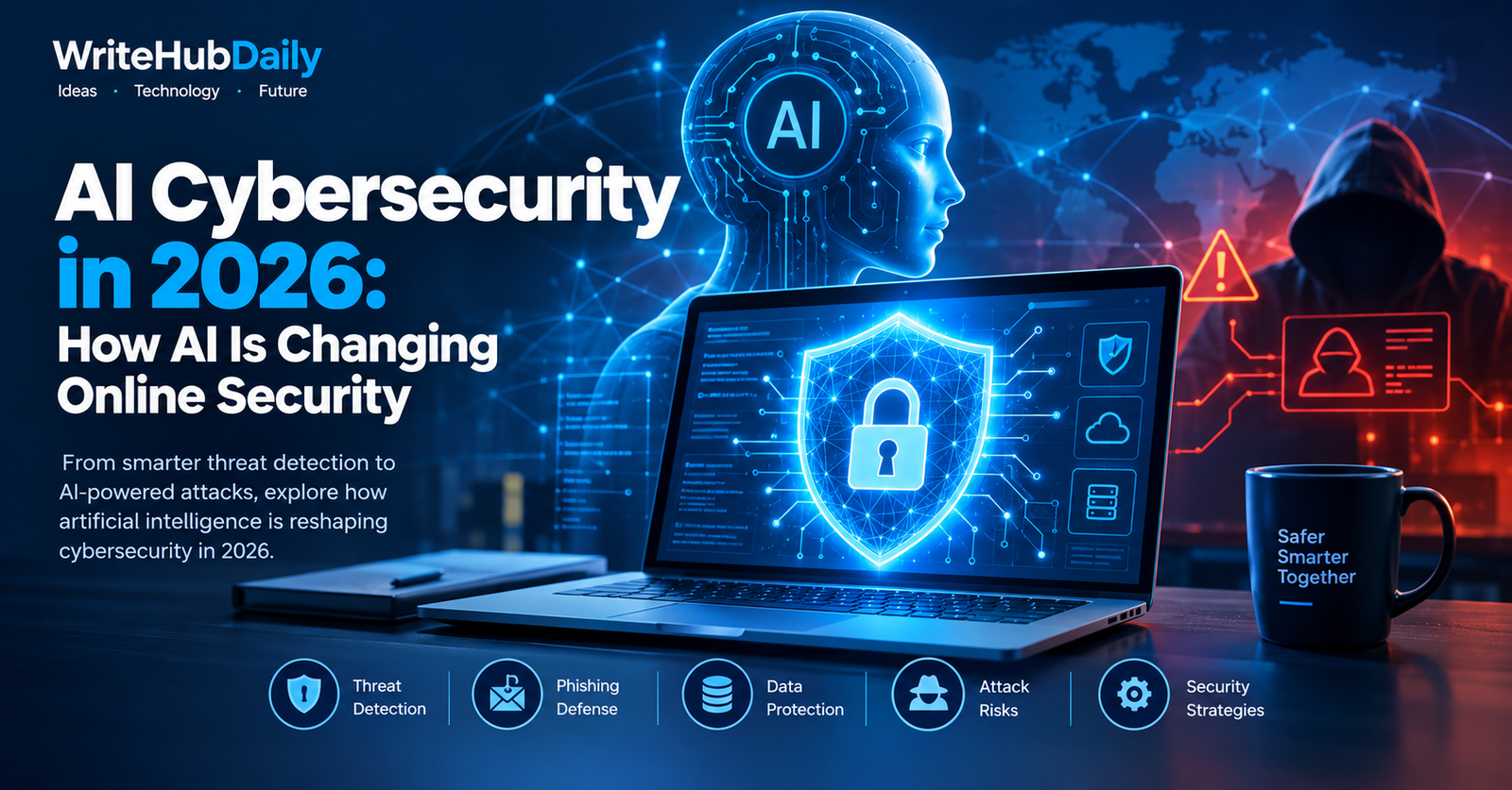 AI cybersecurity in 2026 showing artificial intelligence protecting computers, networks, and business data from cyber threats