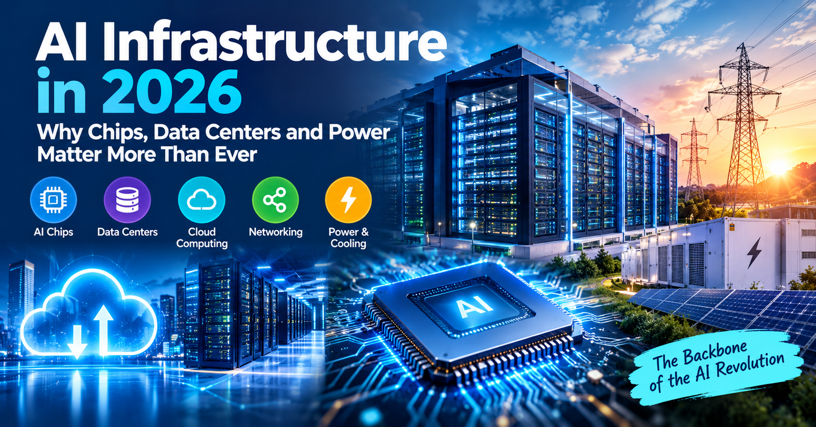 AI infrastructure 2026 showing AI chips, data centers, cloud computing and power systems