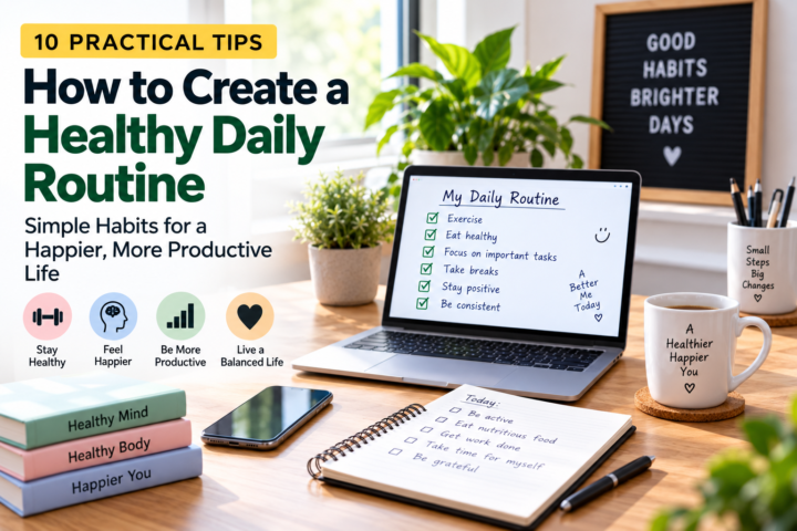 Healthy daily routine with a laptop, planner, healthy habits checklist and home office