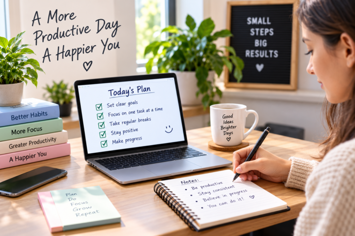 Person planning a productive day at a home office desk