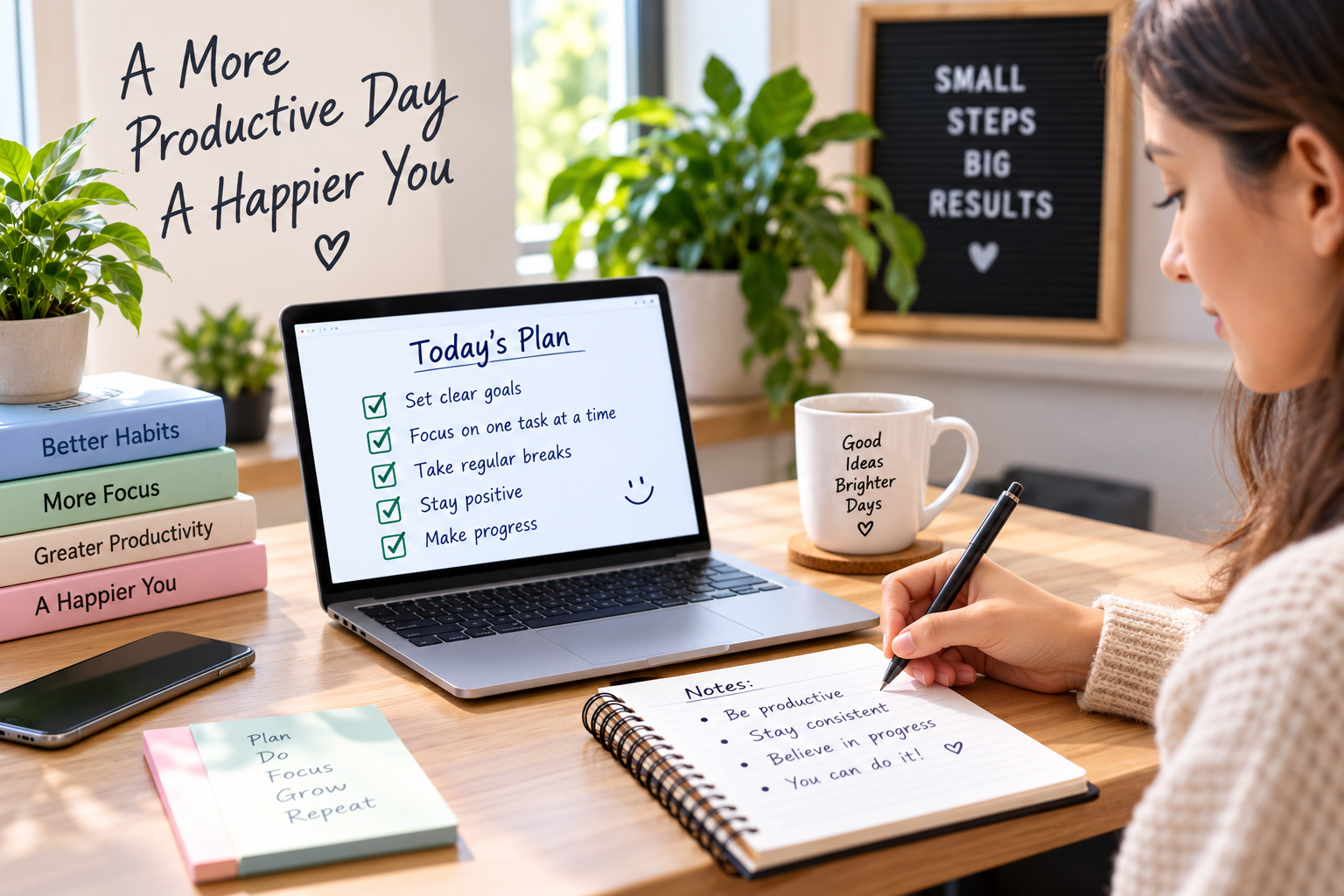 Person planning a productive day at a home office desk
