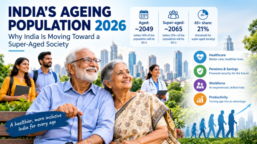 India ageing population 2026 showing elderly people, healthcare, pensions and workforce changes